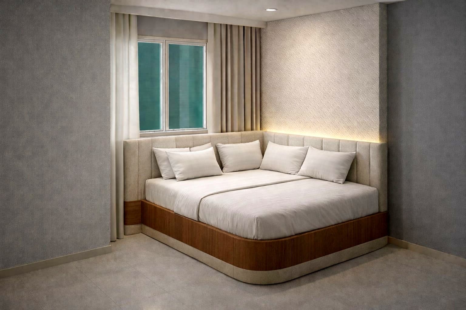 Low Platform Bed Window Headboard from an Abya completed interior project